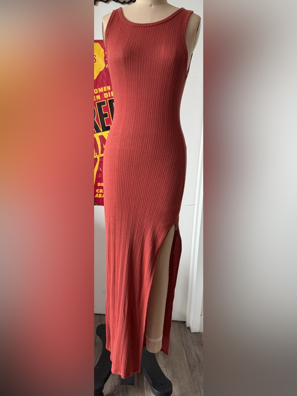 Fashion Nova Rust Red Ribbed Maxi Dress with High Side Slit